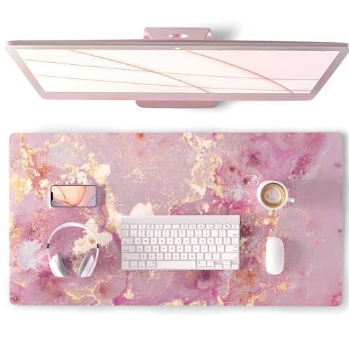 QiyI PU Leather Large Mouse Pad, Office Decor, 31.5" x 15.7", Rose Gold | Desk Décor Accessories, Extended Size, Waterproof & Easy to Clean, Smooth Surface, Non Slip Desk Organization - color: Pink Gold Marble, size: 31.5" x 15.7"
