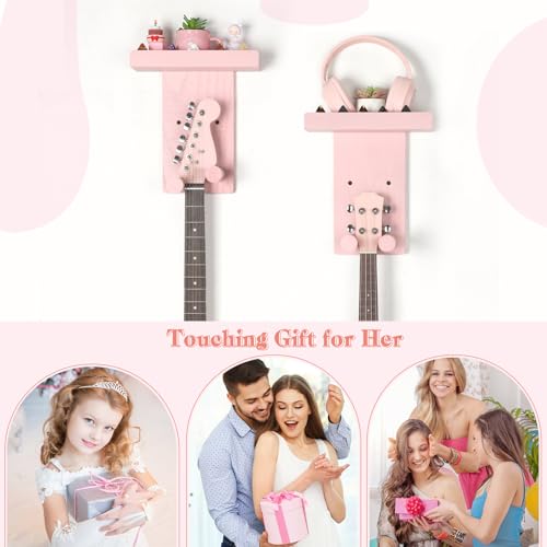 Keebofly 2-Pack Guitar Wall Mount Hanger with Shelf & Pick Holder - Wood Wall Hook for Acoustic, Electric, Bass Guitars, Ukulele (Screw-Mounted, Pink) [Patented] - color: 2 Pack_Pink