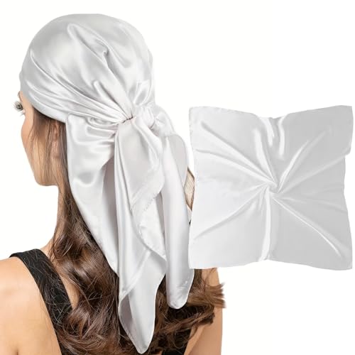 vimate 35" Square Silk Like Head Scarf - Women's Fashion Satin Scarf Bandana for Hair Wrapping at Night. - color: B#. White