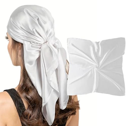 vimate 35" Square Silk Like Head Scarf - Women's Fashion Satin Scarf Bandana for Hair Wrapping at Night. - color: B#. White