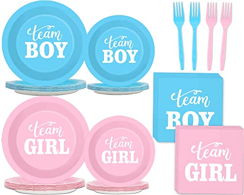 96 PCS Gender Reveal Party Supplies Gender Reveal Plates and Napkins Baby Shower Party Tableware Boy or Girl Disposable Paper Plates Napkins for Party Decorations Supplies Favors for 24 Guests - style: Gender Reveal