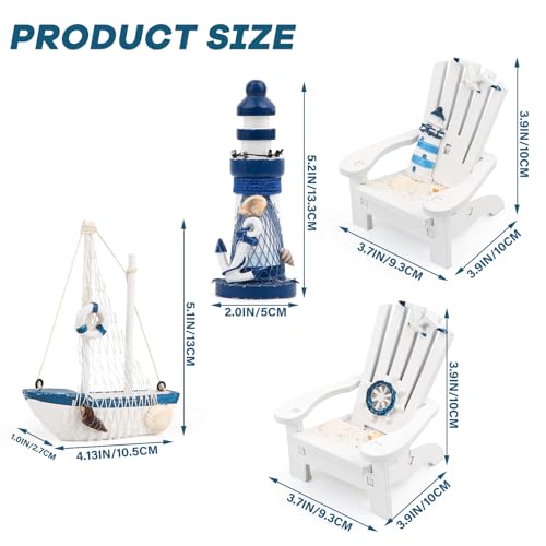 JQAQJU 4" Wooden Beach Chair Lighthouse Sailboat, 4pcs Mini Nautical Home Decoration & Beach Ocean Ornament for Summer Bathroom Bedroom Kitchen