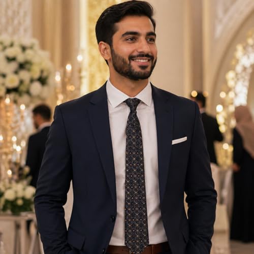 ASVP Shop Eid Necktie for Men Navy Blue and Gold Islamic Geometric Pattern Tie Muslim Holiday Dress Tie for Prayer Dinner Celebration Wedding