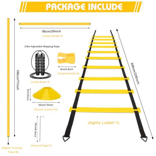 Agility Speed Training Equipment for Soccer, Football, Basketball | Includes Hurdles, 6 Poles, Ladder, 12 Cones & Jump Rope to Improve Footwork, Agility and Coordination for Youth and Adult