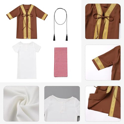 Muslim Clothes for Baby Boy Arabian Robe Plaid Turban Scarf Eid Ramadan Dubai Attire Infant Abaya Saudi Kaftan Kurta - color: Coffee (4pcs), size: 0-3 Months