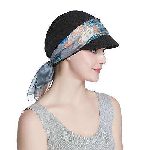 Alnorm Breathable Cotton Hat and Scarf Set Chemo Headwear for Women - color: Dark Gray Butterflies