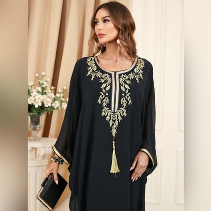 OBEEII Muslim Dress for Women Loose Batwing Sleeved Hooded Beaded Embroidery Long Abaya Dress Kaftan Abayas Islamic Robe - color: Black-floral Embroidery
