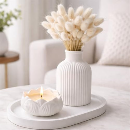 Minimalist Home Decor Set with Dried Flowers – Handmade Tray, Vase and Candle Holder – Modern Neutral Decorative Accent for Living Room, Bedroom or Bathroom