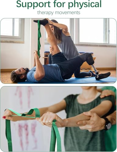 10 Loop Yoga Stretching Strap for Physical Therapy - Non-Elastic Exercise Band for Pilates, Yoga, Stretching for Women & Men - color: Green