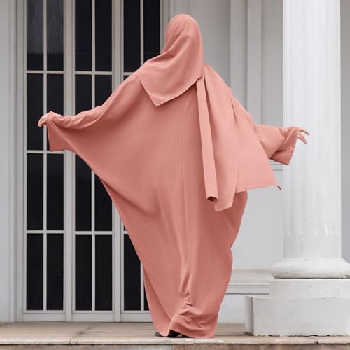IDOPIP Abayas for Women Muslim Dress with Hijab, One-Piece Long Sleeve Islamic Prayer Dress with Khimar Jilbab Kaftan Clothes - color: Pink + Hijab