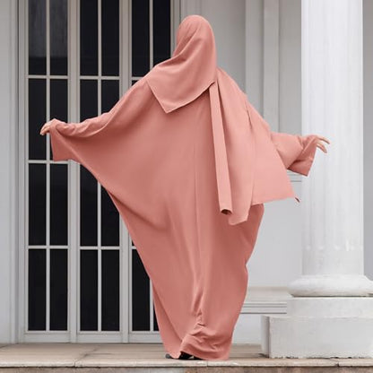 IDOPIP Abayas for Women Muslim Dress with Hijab, One-Piece Long Sleeve Islamic Prayer Dress with Khimar Jilbab Kaftan Clothes - color: Pink + Hijab