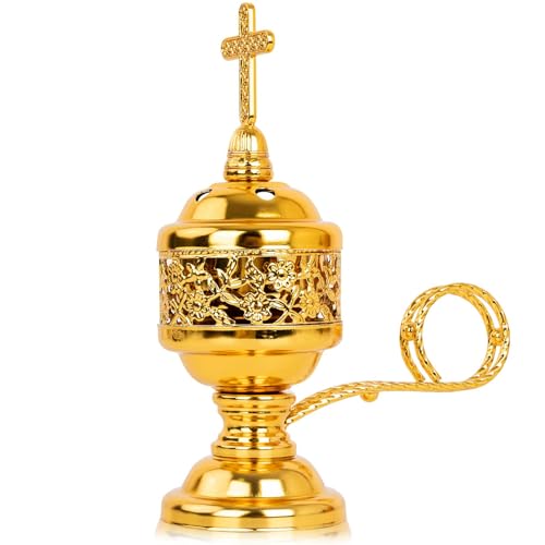 1 PCS Catholic Church Incense Holder with Cross Lid, Home&Altar Incense Burner, Charcoal Censer Incense Burner, Unique Meditation Gift, Frankincense Resin Bakhoor Burner (Gold)