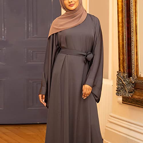 Women's Muslim Kaftan Abaya Dress Long Sleeve Self Tie Maxi Dress Middle East Arabian Robe Gown - color: 5163-grey, size: Large