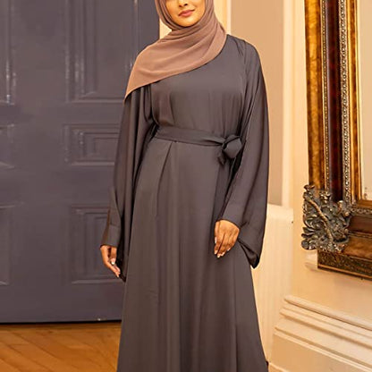 Women's Muslim Kaftan Abaya Dress Long Sleeve Self Tie Maxi Dress Middle East Arabian Robe Gown - color: 5163-grey, size: Large