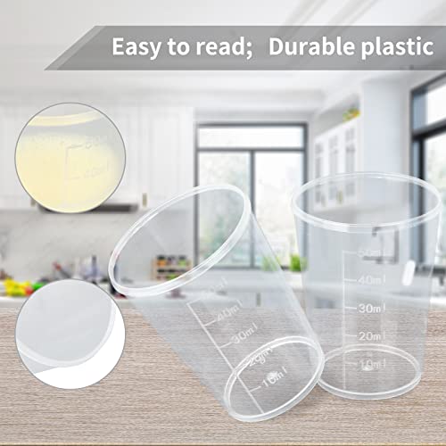 100pcs 50ML Plastic Graduated Measuring Beaker Set, Clear Liquid Measuring Mixing Cups for Epoxy Resin, Liquid Container Beakers for Resin Epoxy Paint Food, Lab Use, Raised Graduations, Tapered Spout - size: 50ML