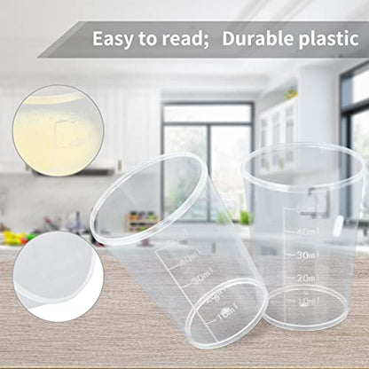 100pcs 50ML Plastic Graduated Measuring Beaker Set, Clear Liquid Measuring Mixing Cups for Epoxy Resin, Liquid Container Beakers for Resin Epoxy Paint Food, Lab Use, Raised Graduations, Tapered Spout - size: 50ML