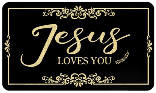 Christian Door Mat, Jesus Love You Bible Verse Doormat Outdoor Indoor Entrance, Black and Gold Christian Welcome Mats for Church Prayer Room Entry Decor, 17x30 Inch - color: Jesus