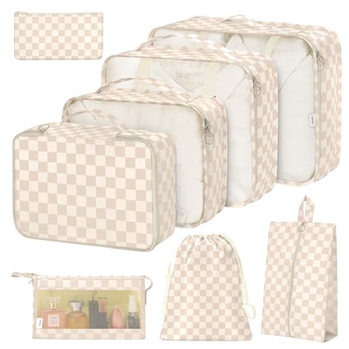8 Set Packing Cubes for Suitcases,Packing Cube with Shoe, Cosmetics, Clothing, and Accessories Bags Packing Cubes for Travel Luggage Organizer Women Men(Khaki Grid-A) - color: Khaki Grid-A