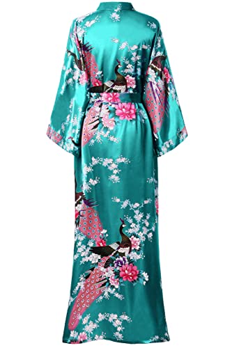 BABEYOND Women's Kimono Robe Long Satin Robes with Peacock and Blossoms Printed Kimono Nightgown - color: Dark Green, size: One Size Plus