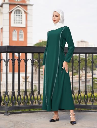 IDOPIP Women Long Sleeve Maxi Muslim Abayas Solid Ramadan Abaya Muslim Dress Full Cover Loose Maxi Kaftan Dresses Embroidery Arabic Dress Islamic Dubai Robe Prayer Dress Clothes Dark Green XL at Amazon Women’s Clothing store