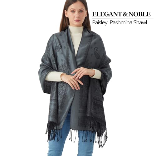 Reversible Paisley Pashmina Rave Scarf Shawl-Soft Silky Pashmina Wraps for Women Evening Dresses - color: E#. Style 5-dark Grey