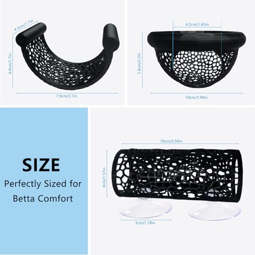 Betta Fish Tank Accessories 3-Piece Set – Betta Hammock, Floating Rest Ledge & Swimming Tunnel – Aquarium Decor for Betta, Nano Fish, Small Fish & Shrimp (Black)