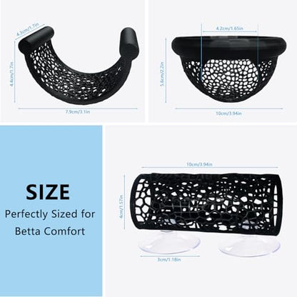 Betta Fish Tank Accessories 3-Piece Set – Betta Hammock, Floating Rest Ledge & Swimming Tunnel – Aquarium Decor for Betta, Nano Fish, Small Fish & Shrimp (Black)