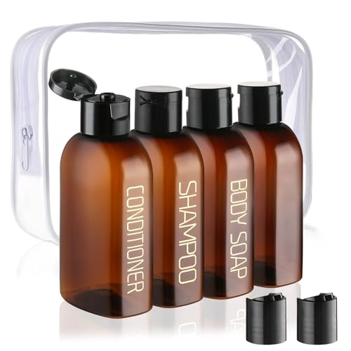 Cosywell 4 Pack 3.4 oz Preprinted Travel Bottles for Toiletries - color: 3.4oz Brown - 3 Labeled 1 Blank