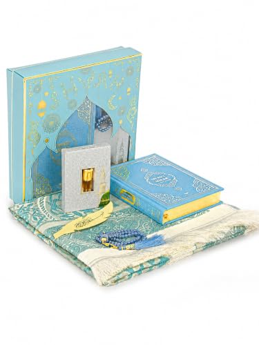 ihvan online Prayer Gift Set for Hajj and Umrah, Soft Thin Muslim Prayer Rug, Beads Taasbih, Holy Quran Translated English, Muslim Praying Mat, Islamic Gift Set for Ramadan & Eid, Blue - color: Blue English