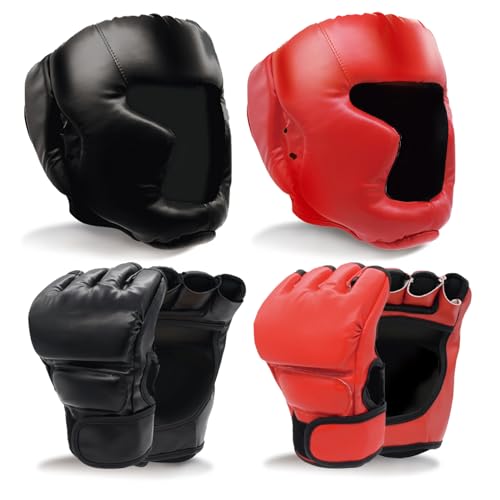 Boxing Gloves and Headgear Set Including 2 Pack Boxing Headgear and 2 Pack Boxing Gloves Boxing Equipment Sparring Gear Equipment for Beginners Adults - color: BlackRed