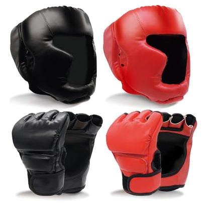 Boxing Gloves and Headgear Set Including 2 Pack Boxing Headgear and 2 Pack Boxing Gloves Boxing Equipment Sparring Gear Equipment for Beginners Adults - color: BlackRed