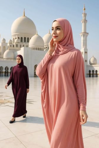 Women's Solid Muslim One-Piece Prayer Dress Abaya Kaftan with Hijab Full Length Dress - color: Pink