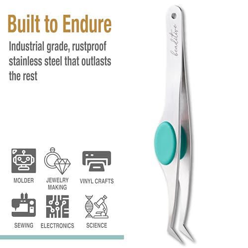 Beaditive High Precision Angled Tip Tweezers with Cushion Grip - 4.7" Craft Tweezers for Sewing, Beading & DIY Crafts - Non-Serrated Jewelry Tweezers with Fine Angled Tips - Stainless Steel (Teal) - color: Teal