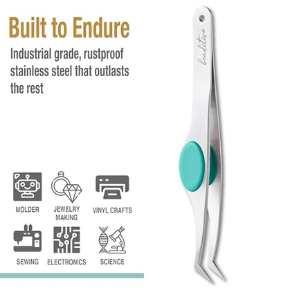 Beaditive High Precision Angled Tip Tweezers with Cushion Grip - 4.7" Craft Tweezers for Sewing, Beading & DIY Crafts - Non-Serrated Jewelry Tweezers with Fine Angled Tips - Stainless Steel (Teal) - color: Teal