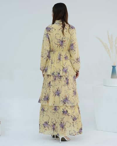 Breathable Modest Prayer Dresses Long Sleeve Layered Maxi Dress with Belt European Floral Print Women Muslim Abaya - color: Yellow, size: XXL(58)