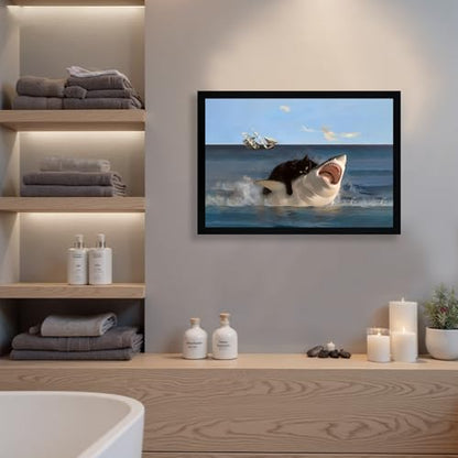 ICHZUMW Framed Funny Black Cat Biting Shark Ocean Canvas Wall Art 16x24 In - color: Black Shark Rider, size: 24"L x 16"W