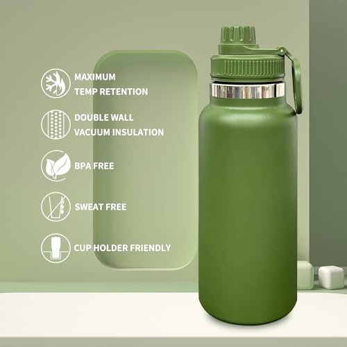 32 oz Insulated Water Bottle with Spout Lid - Double Wall Vacuum Sports Water Bottle - Powder Coated Cup for Gym Camping Hiking(Army Green,1 pack) - color: Army Green