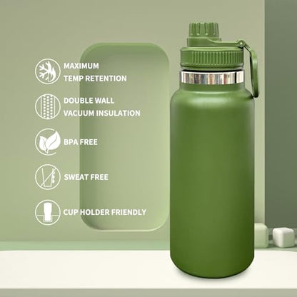 32 oz Insulated Water Bottle with Spout Lid - Double Wall Vacuum Sports Water Bottle - Powder Coated Cup for Gym Camping Hiking(Army Green,1 pack) - color: Army Green