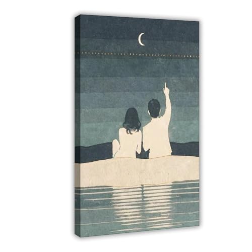 ZXZHE Romantic Couple Under Crescent Moon Teal Cream Minimalist Stars String Lights Se Canvas Poster Wall Art Prints Room Aesthetic Murals Bedroom And Living Decorations 20" L X 30" W - color: Frame-style, size: 20"L x 30"W
