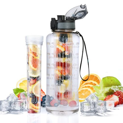 UTEBIT 52oz Fruit Infuser Water Bottle, with Time Marker & Straw & Chug Lid | BPA-Free & Leak- Proof Fruit Infusion Sports Bottle, Large Water Jug with Strap for Gym, Camping, Travel, Outdoor, Clear - style: 52OZ