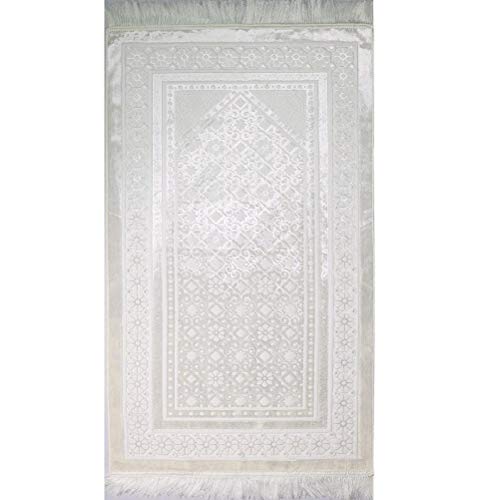 Modefa Velvet Prayer Rug - Soft Plush Turkish Janamaz Sajada Carpet for Men and Women - Plain Solid Prayer Mat Ramadan Eid Gift - with Prayer Beads - Luxury Floral Stamp (White) - color: White