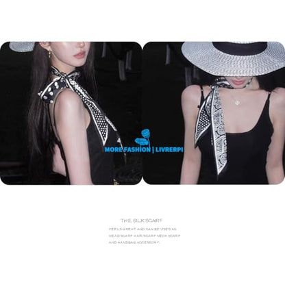 Silk Feeling Head Scarf Fashion Satin Hair Scarf Square Long Scarves for Women Gifts - color: 02 Black Point /5.12 X 59 Inch