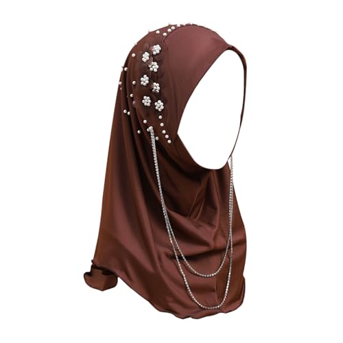 RARITYUS Women Bling Rhinestone Pearl Instant Scarf Muslim Hijab Fashion Shawl Head Wrap Turban Cap with Flower Accent - color: Coffee
