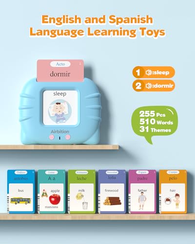 Airbition Bilingual Spanish and English Talking Flash Cards for Ages 2+, Pocket Speech Therapy Toy with 510 Words, Montessori Language Learning Toy, Children's Sensory Learning Kit - style: 510 Words English & Spanish Blue