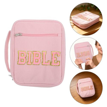 Bible Organizer Carrying Case for Religious Books and Temple Scriptures, Dustproof Corduroy Cover with Zippered Pocket, Pen Slots, and Handle, Stylish Pink Church Bible Storage Bag
