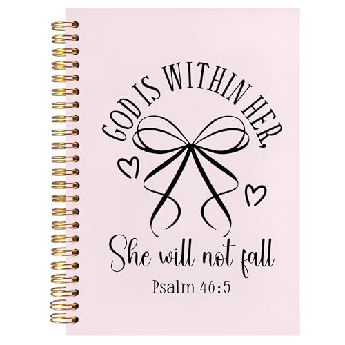 BearCake Pink Coquette Bow Christian Notebook Journal, God is Within Her She Will Not Fall Bible Journal for Women, Christian Religious Gifts for Woman, Hardcover Spiral Notebook 5.5x8.3 - color: white Bible-46:5