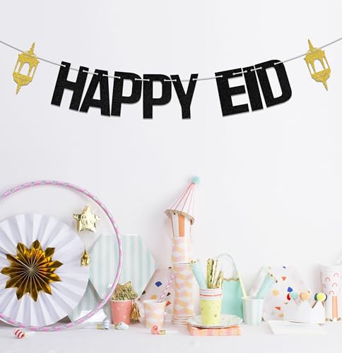 Happy Eid Banner, Eid Festival Party Decor, Umrah Mubarak Banner, 2024 Eid Mubarak Hajj Mubarak Islamic Muslim Festival Party Supplies Gold Black - color: Black