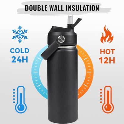 Fijinhom 18oz Insulated Stainless Steel Water Bottle, Wide Mouth Double Wall Vacuum, Silicone Straw, Sweat & Leak Proof, BPA Free Insulated Water Flask for Travel, Keep Cold 24h Hot 12h, Black - color: Black, size: 18 Ounces