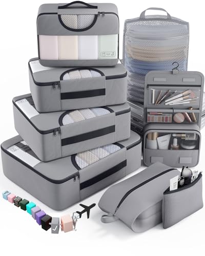 Veken 8 Set Packing Cubes for Travel Essentials,Anti-Wrinkle Buckled Suitcase Organizer for Shoe & Toiletry Bag,Carry On Luggage Bag with 99+ Count Mesh Holes for Airplane & College Dorm Accessories - color: 04 Gray
