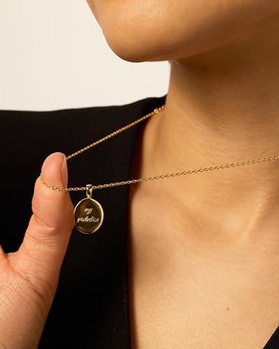 PAVOI 14K Gold Plated Engraved Hammered Oval Coin Pendant Necklace for Women | Hamsa Stars Bohemian Pendant Adjustable Chain Necklaces | Calm Inspirational Secret Phrases - color: Yellow Gold, style: My Protection
